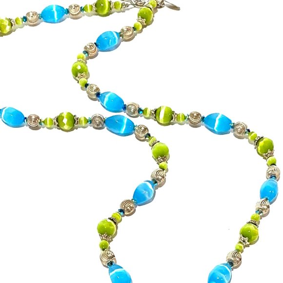 Handmade Blue and Green Cats Eye Sterling Silver 22 Inch Artisan Beaded Necklace - Picture 8 of 11
